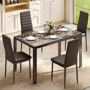 5-piece Glass Dining Table Set, Table and 4 Chairs, PU Leather Modern Room Set, Suitable for Home, Kitchen, Living Room