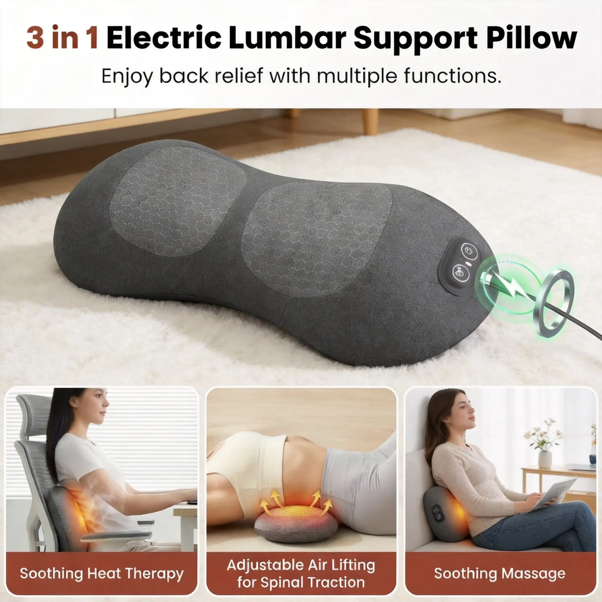 Rechargeable 3-in-1 Lumbar Support Pillow - Heat, Vibration, Traction, Gentle Acupressure Tool for Lower Back Pain Relief, Posture Fix & Back Health Solutions
