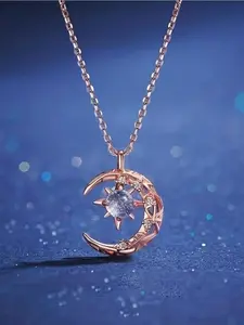 Elegant Moonstone Pendant Necklace for Women Sparkling Moon and Star Inlay Dainty Collar Chain Hypoallergenic Nickel-Free Daily Wear Gift