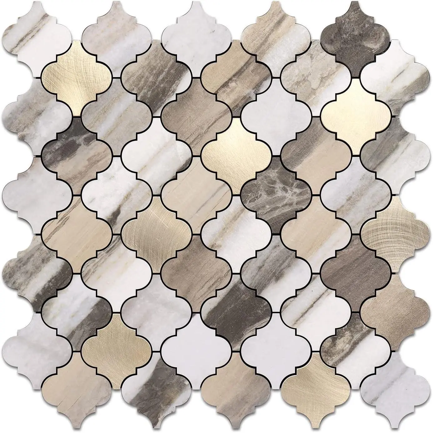 Arabesque Peel and Stick Backsplash Tile, Stick on Backsplash for Kitchen and Bathroom,   Grain Marble Look PVC Mixed Metal Aluminum Mosaic Tiles(10 Sheets)
