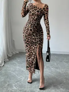 Women's Leopard Print Ruched Drawstring Split Thigh Elegant Classy Flattering Slit Hem Longsleeves Bodycon Dress, Fashion Asymmetrical Neck Long Sleeve Dress for Party Club Dating Wear, Women Dress for Spring Fall, Womenswear, Elegant Fit Dress