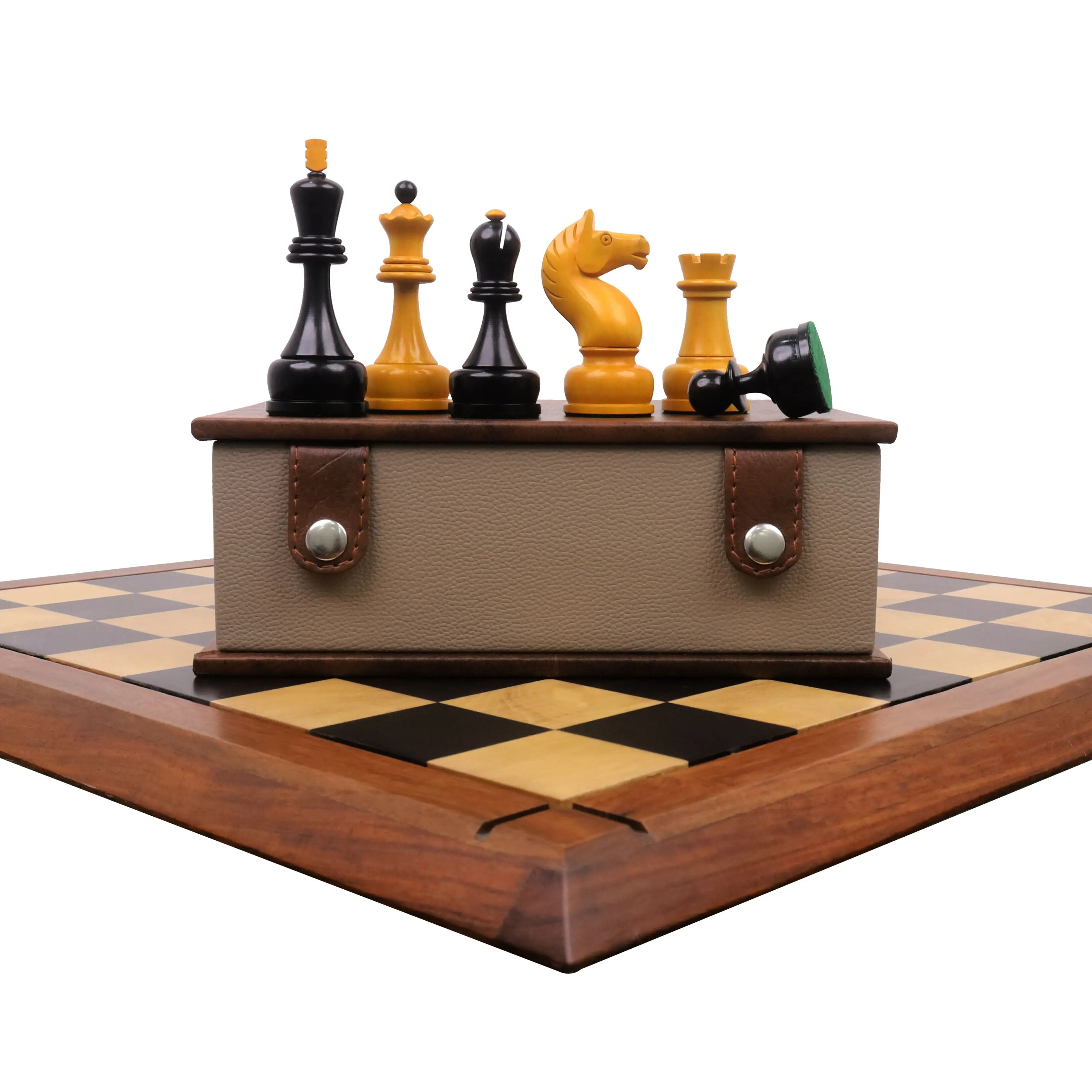 Combo of 1960's Soviet Championship Tal Chess Set - Pieces in Antiqued Boxwood with 21" Chess Board with Storage Box
