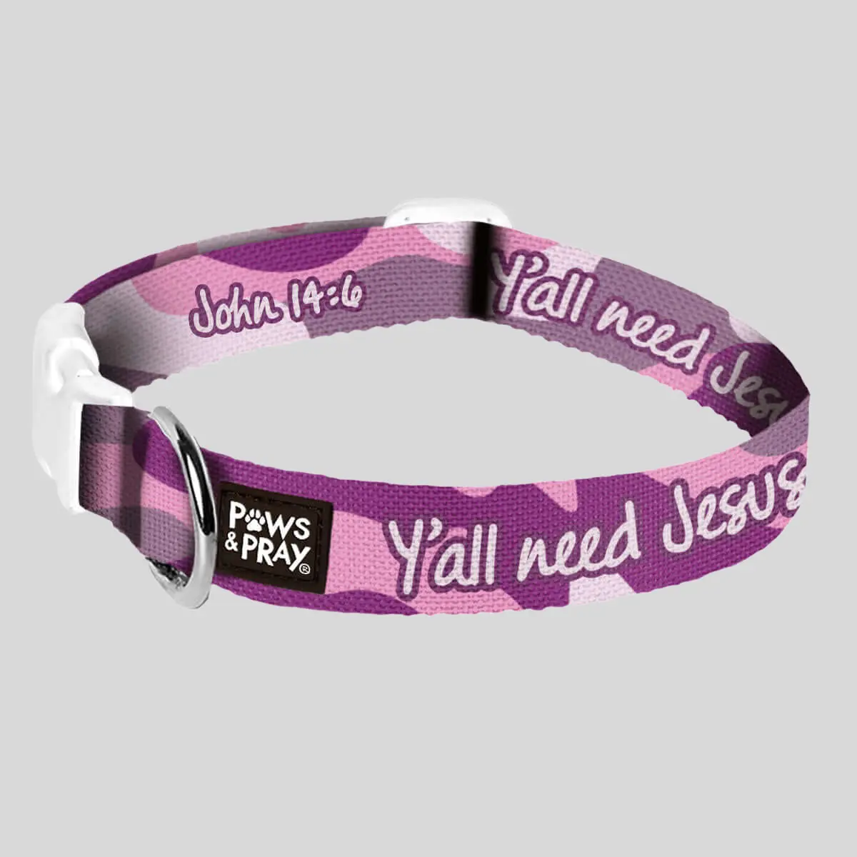 Adjustable Length Dog & Cat Collar with Leash Loop - Paws & Pray Y'all Need Jesus Design, Purple Camouflage/Camo Style, Suitable for 4-Legged Pets, Ideal for Greeting Friends