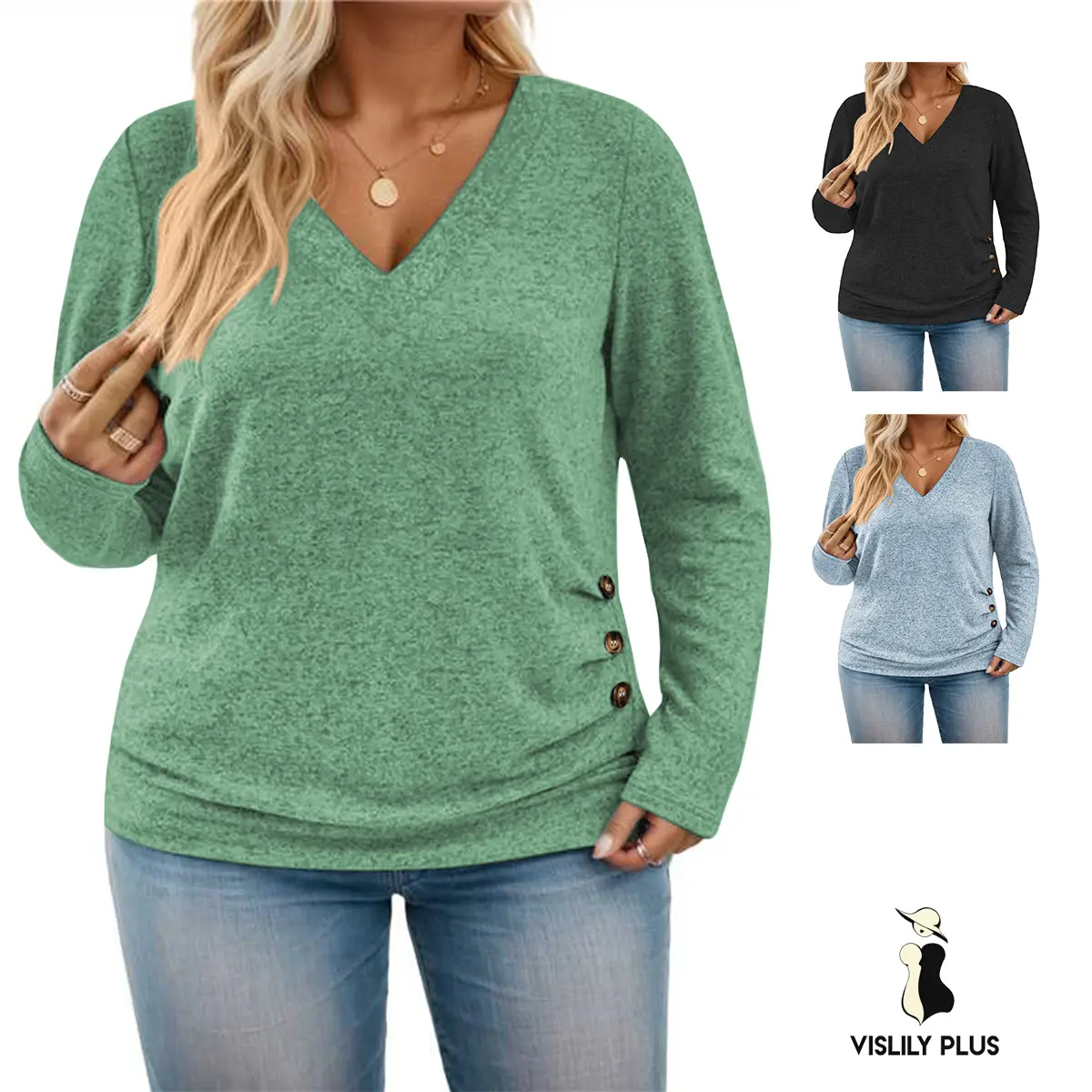 Vislily Women's Plus Size V-Neck Long Sleeve Knit Blouses, Fall-Winter Elegant Oversized Loose-Fit Side-Button Tunics, Comfortable Everyday Knitwear with Elegance & Style, XL-5XL Pullover RPS2168