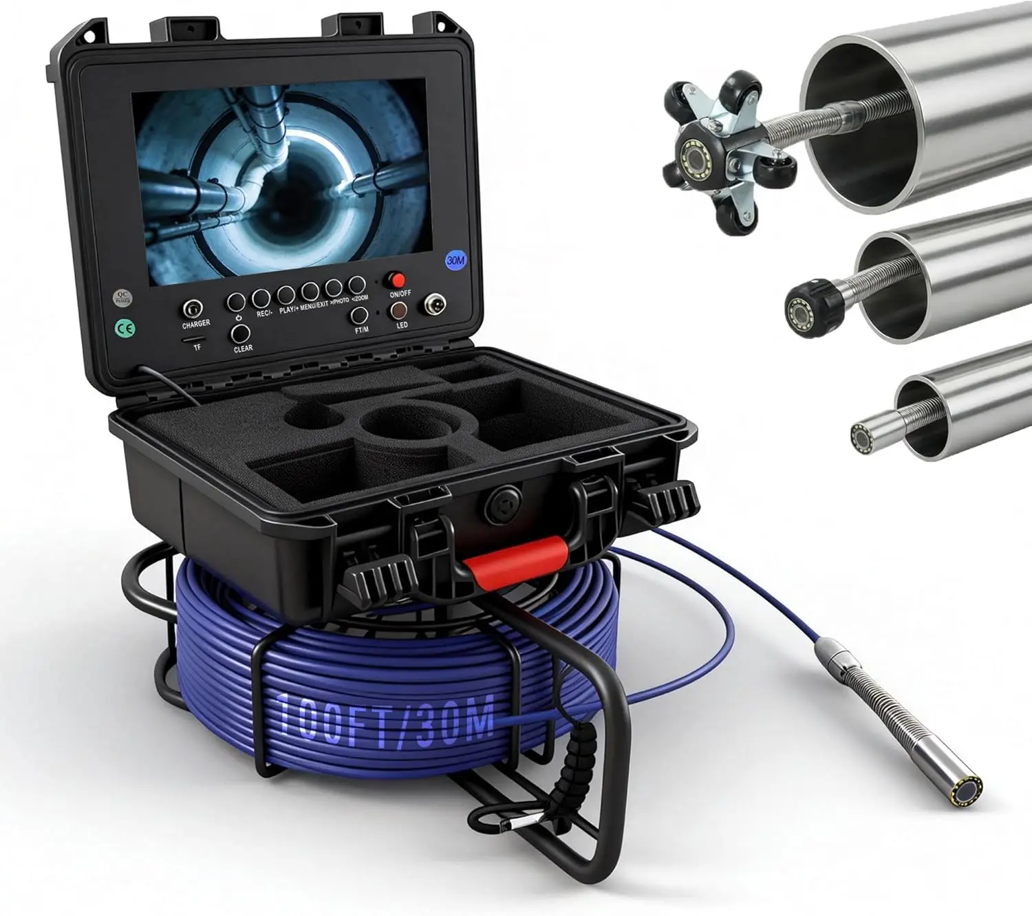 MAOTEWANG 9in Self-Leveling Sewer Pipe Inspection Camera with 100ft Fiberglass Cable, 512Hz Sonde, Ft Counter, 32GB SD Card A/V DVR, 5X Zoom, 12 LEDs, IP68 Waterproof 23MM 1080P, 7MM Stainless Steel Endoscope, ABS for Home Plumbing Inspect
