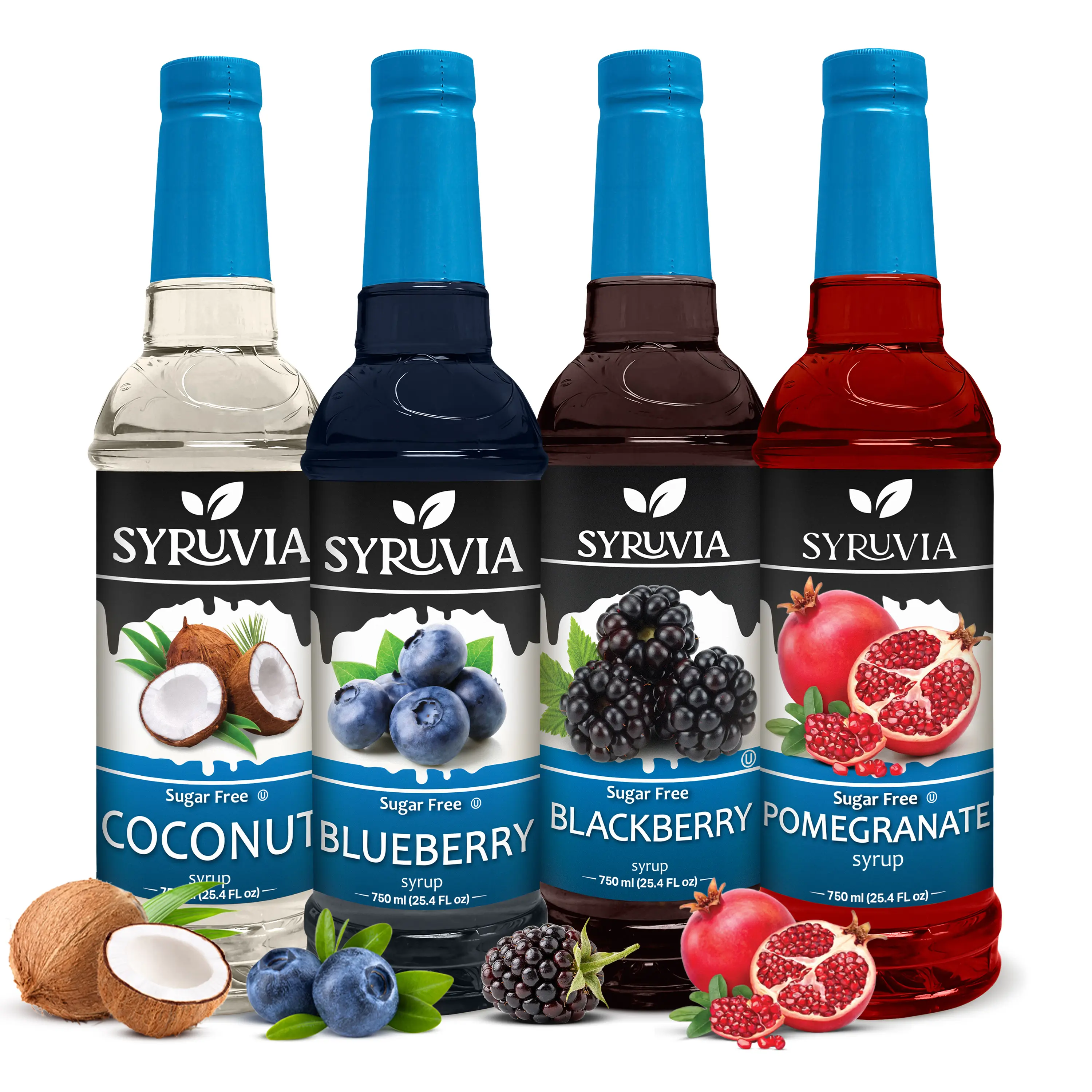 Syruvia Sugar Free Fruit Syrup Variety Pack – Coconut, Blueberry, Blackberry & Pomegranate – Gluten-Free, Kosher, 25.4 fl oz Bottles – Ideal for Drinks, Lemonades, Iced Teas & More (4-Pack)