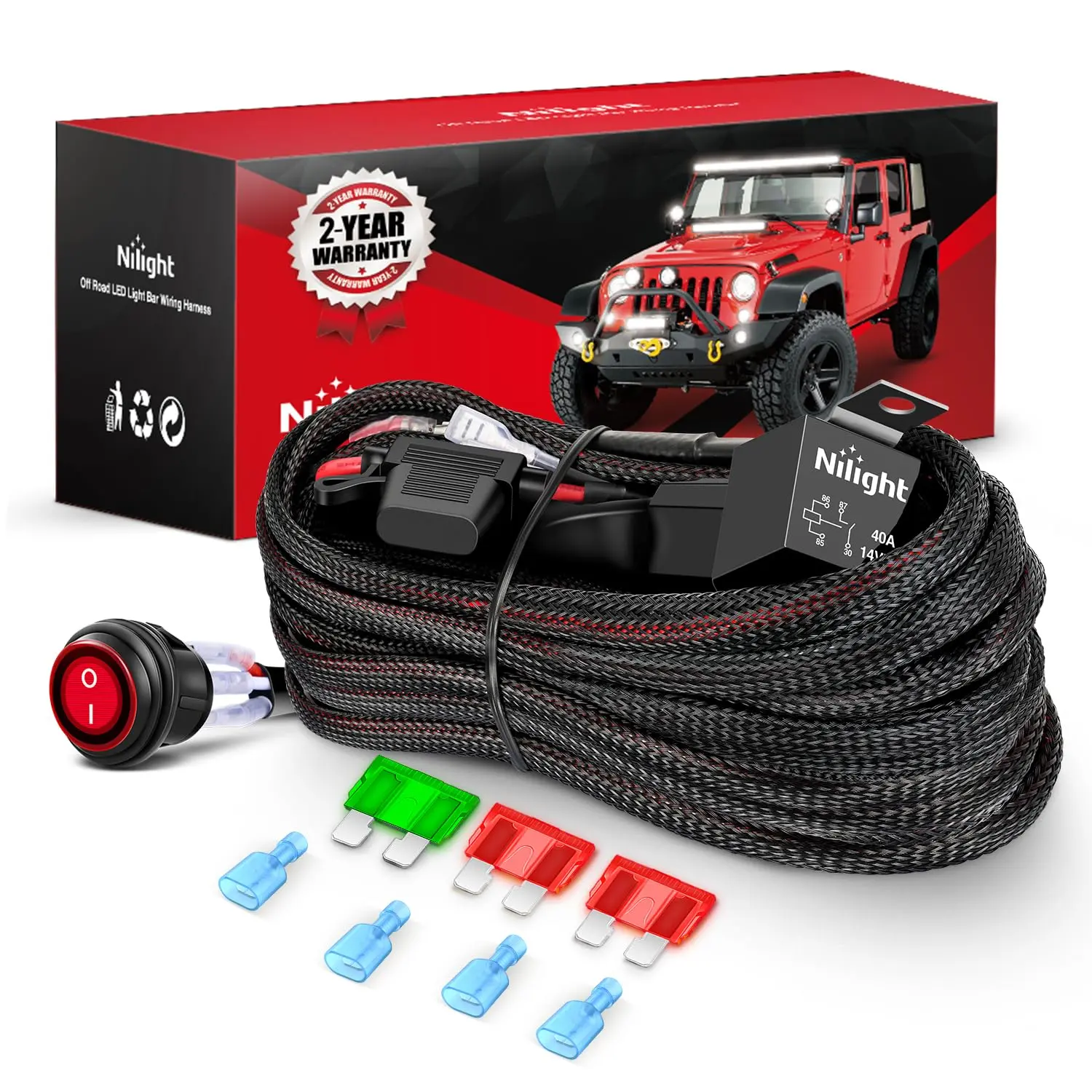 Nilight 12 AWG Nylon Jacket Automotive Wiring Harness Kit - 2 Leads, 12V On-Off Power Rocker Switch, Power Relay, Blade Fuse, Water-Resistant Lid, Overload Protection - Automotive Car Lighting Accessory for LED Light Bar, Off-Road Lights, Car Lighting Acc