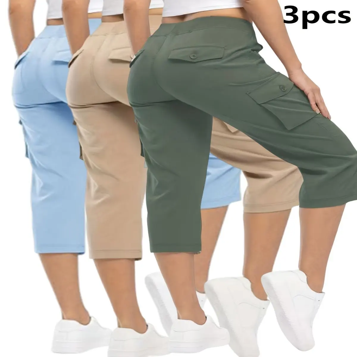 YYW1 Women's Plus-Size Solid 3pcs Cargo Pocket Bottoms - Elastic Waist, Polyester Blend, Skinny Cut, Casual, Breathable, Dry Clean Safe, Chic Elegant Sports & Outdoor Pants Shorts