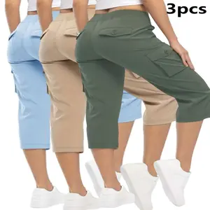 Women's Plus-Size Solid Cargo Capri Pants (3pcs), Summer Casual Sports Bottoms with Elastic Waistband and Pockets, Breathable Pants for Women