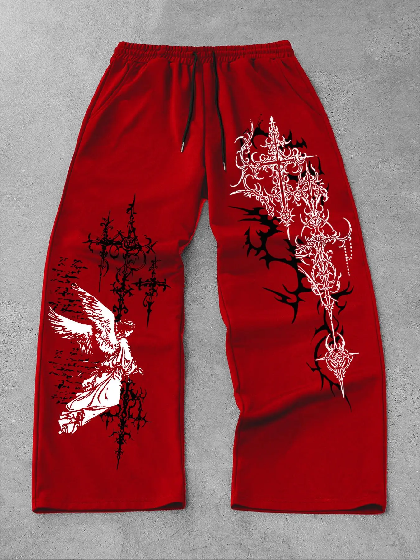 Men's and women's straight-leg Fitted pants featuring Gothic, Graphic Prints and angel motifs, These pants are perfect for streetwear, All Seasons Trousers, and ideal for both campus and everyday wear
