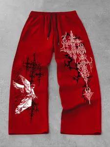 Men's and women's straight-leg Fitted pants featuring Gothic, Graphic Prints and angel motifs, These pants are perfect for streetwear, All Seasons Trousers, and ideal for both campus and everyday wear