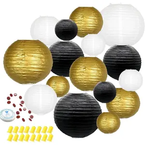 Hanging Paper Lanterns Decorative, Black  Chinese Paper Lanterns Ceiling Party Decorations with 16 LED Lights for Graduation Anniversary Engagements Business Banquet ,Pack of 16