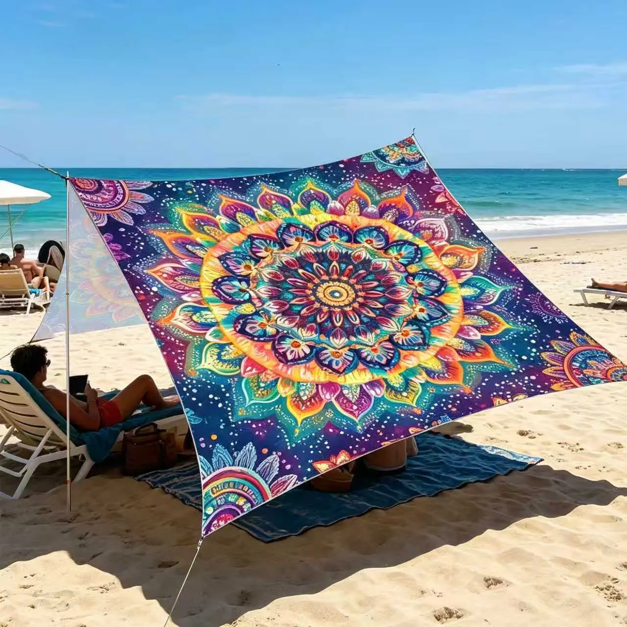 Colorful Printed Beach Sun Shade Sail - UV-Protective, Waterproof Canopy Awning with Mandala, Sunflower, Palm, Floral Patterns, Lightweight Easy-Install Sun Protection Outdoor Shelter for Beach, Patio, Garden, Mandala Print