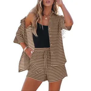 Shewin 2026 Spring/Summer Women's Casual Two-Piece Set Striped Top & Shorts Pajamas Set,Outfits Loose Comfortable Half Sleeves Button Down Lounge Set with Pockets