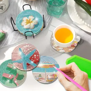 8-Piece Tropical Beach Theme Diamond Painting Coasters, DIY 5D Starfish Ice Cream Art with Stand, Unique Handmade Gift for Friends and Travel Lovers