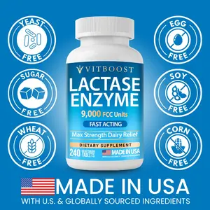VITBOOST Lactase Enzyme 9,000 FCC Units – 240 Fast Acting Tablets – Max Strength Dairy Relief Supplement – Vegetarian, Non-GMO, Made in USA
