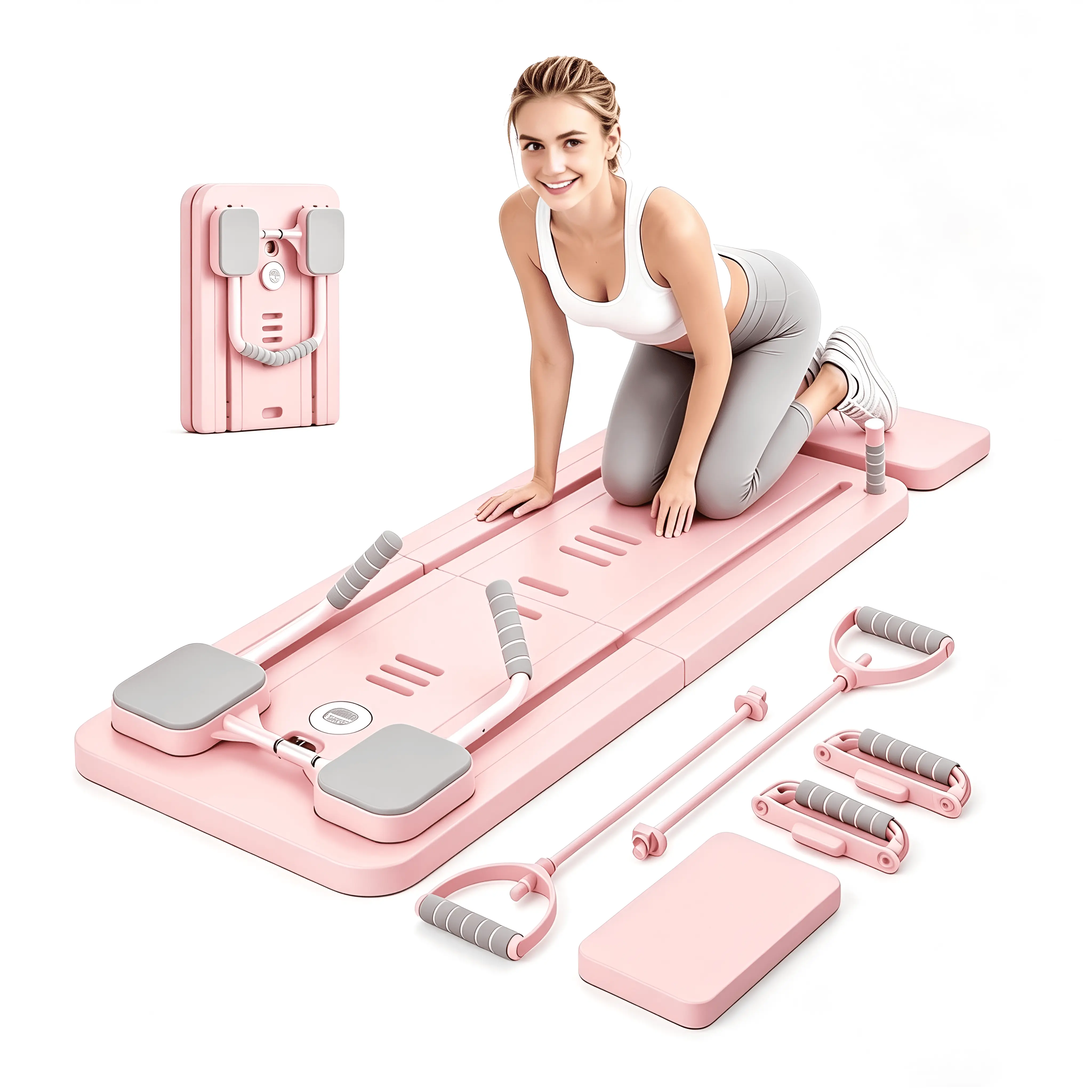 Foldable Core Ab Trainer - Abs Workout Equipment with Timer, Pilates Board, Phone Holder, Arm Gear, Push-Up Handles, Knee Mat, Resistance Belts for Adjustable Home Resistance Band High-Intensity Exercise, Stomach Workout Equipment