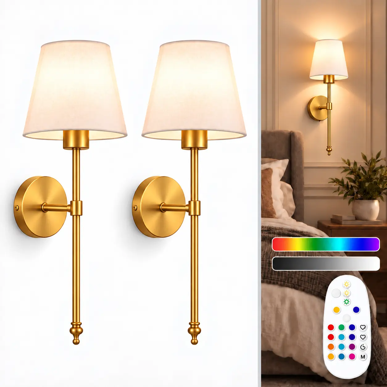 Farmhouse Wall Sconces 2-Piece, Cordless Battery Operated, Remote Dimmer, Plastic-Steel, Wall Mounted, Batteries Included, Gold/Black (Not Smart). #dimmable wall #mood light #indoor wireless lamp #battery wall light  #house decor #light for room