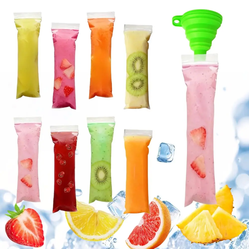 100-Pack Tube Shape Polyethylene Disposable Ice Pop Molds Kitchenware Set, 11in Single-Serve Size, Durable Leak-Resistant Plastic with Funnels for Homemade Yogurt Popsicles & Juice & Smoothies
