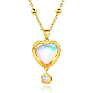 Cicy Bell Women's 18k Gold Plated Lucky Heart Pendant Necklace with Moonstone 17.7'' Chain & 2'' Extender Fashion Jewelry Gift
