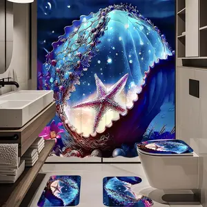 1/4pc ocean blue shell starfish pattern bathroom set, The 4-piece set includes a single shower curtain, anti slip floor mat, toilet U-shaped mat, toilet lid mat, with shower curtain hook, and belongs to bathroom decoration products
