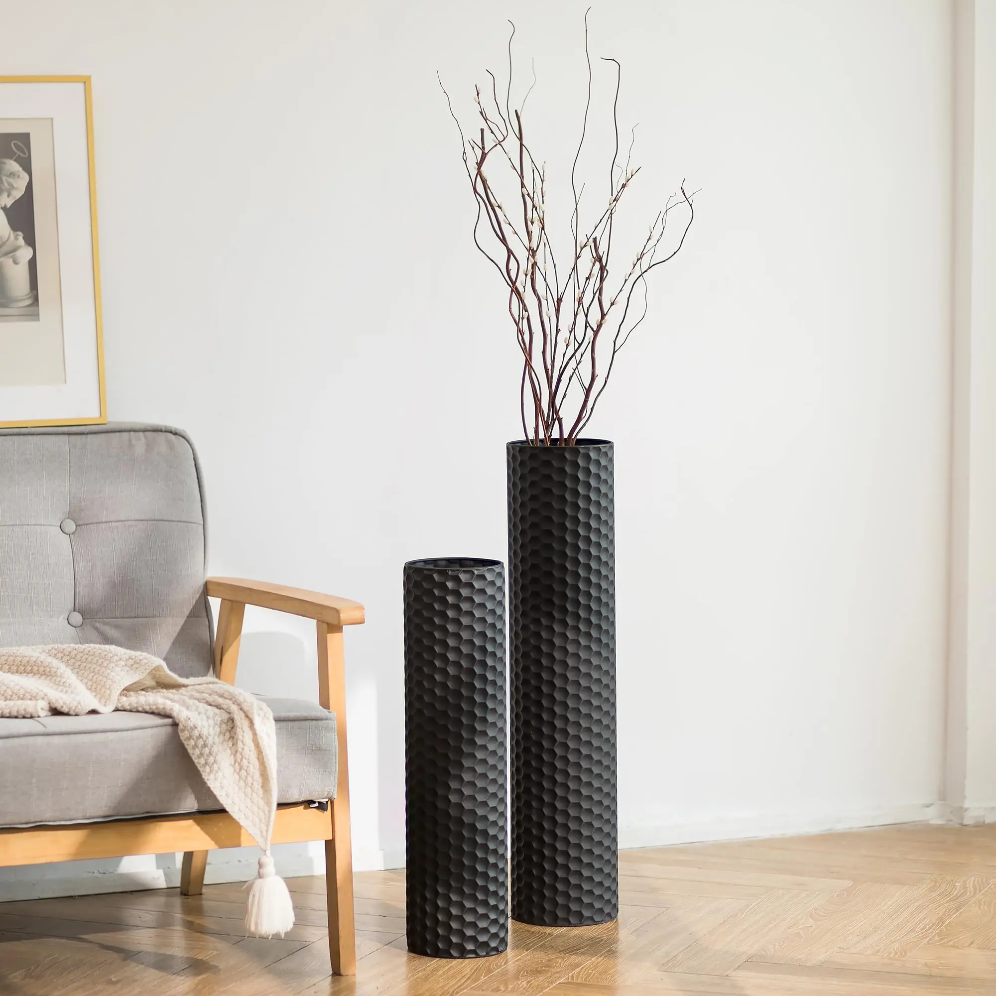Cylinder Tall Floor Vase: 27.6/21.7in Metal Extra Large Decorative Vase Set of 2 Living Room Modern Honeycomb/Woven Texture Big Standing Vase for Dining Bedroom Home Corner Indoor Office