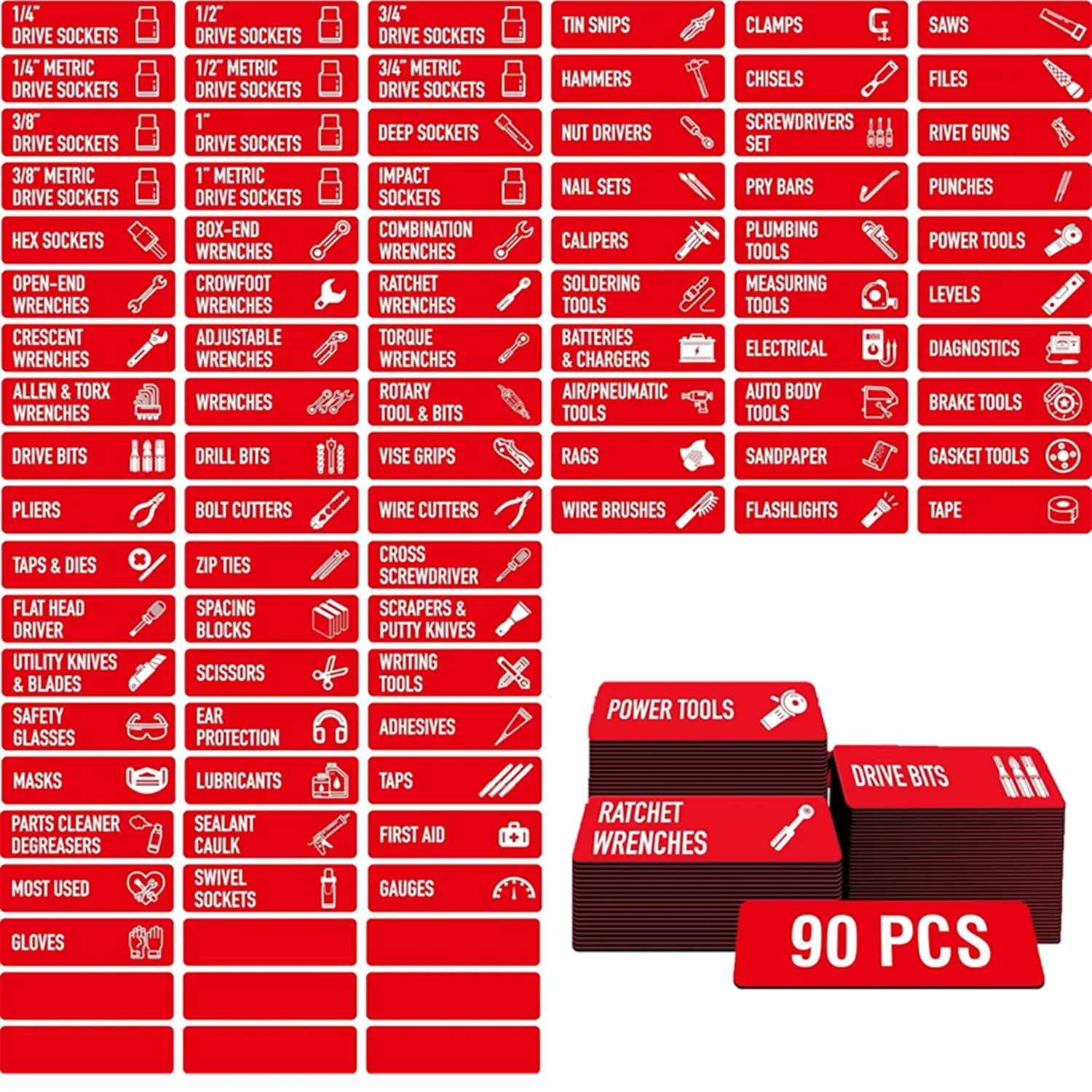 90 PCS Magnetic Toolbox Labels, 82 Pre-Printed & 8 Blanks Large Size Tool Chest Organizer Labels Strong Magnetic & Easy to Read Printing Fits All Brands of Steel Tool Box Drawers ( 3.5” x 1”)