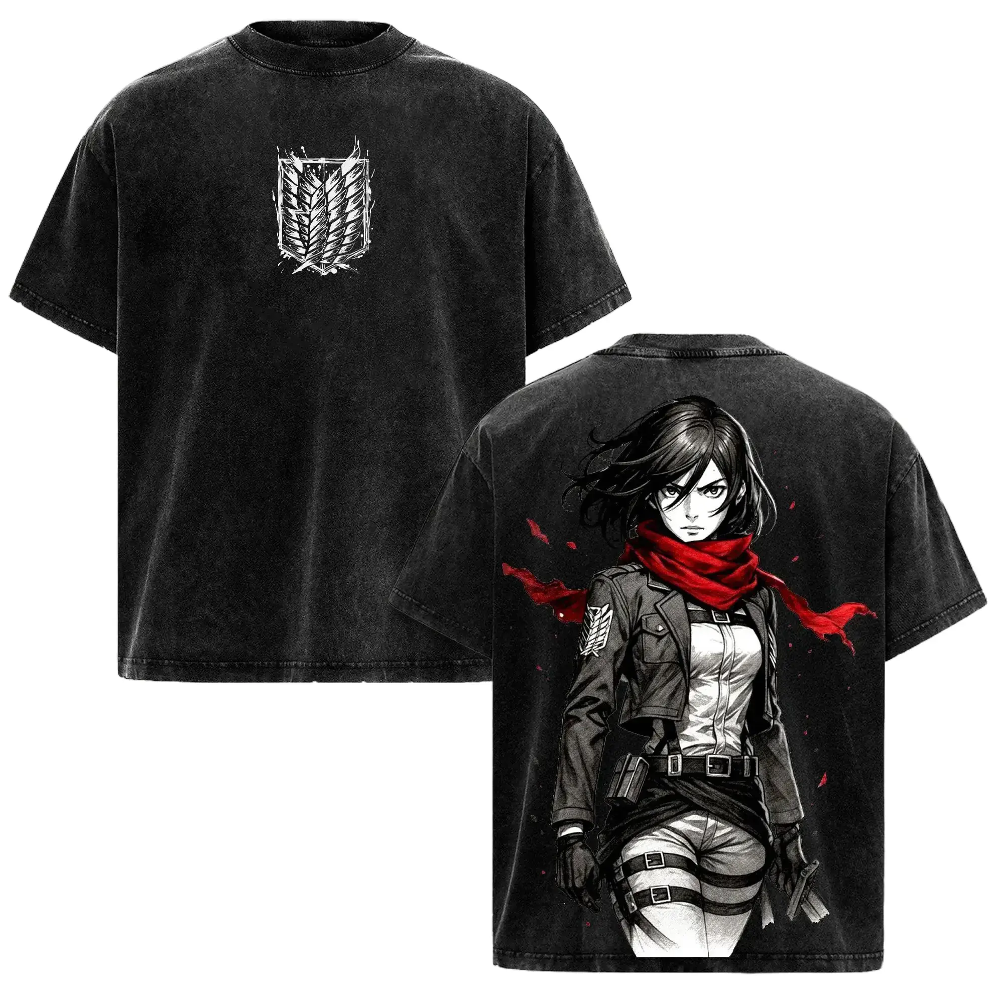 Men's Oversized Cotton Vintage Washed Graphic T-Shirt - Attack on Titan ODM Gear, Mikasa Ackerman, Titan Slayer Art, Instinct Mode, Unisex, Casual Streetwear, Retro Aesthetic, Normal Type, Authentic Look, Machine Washable Top