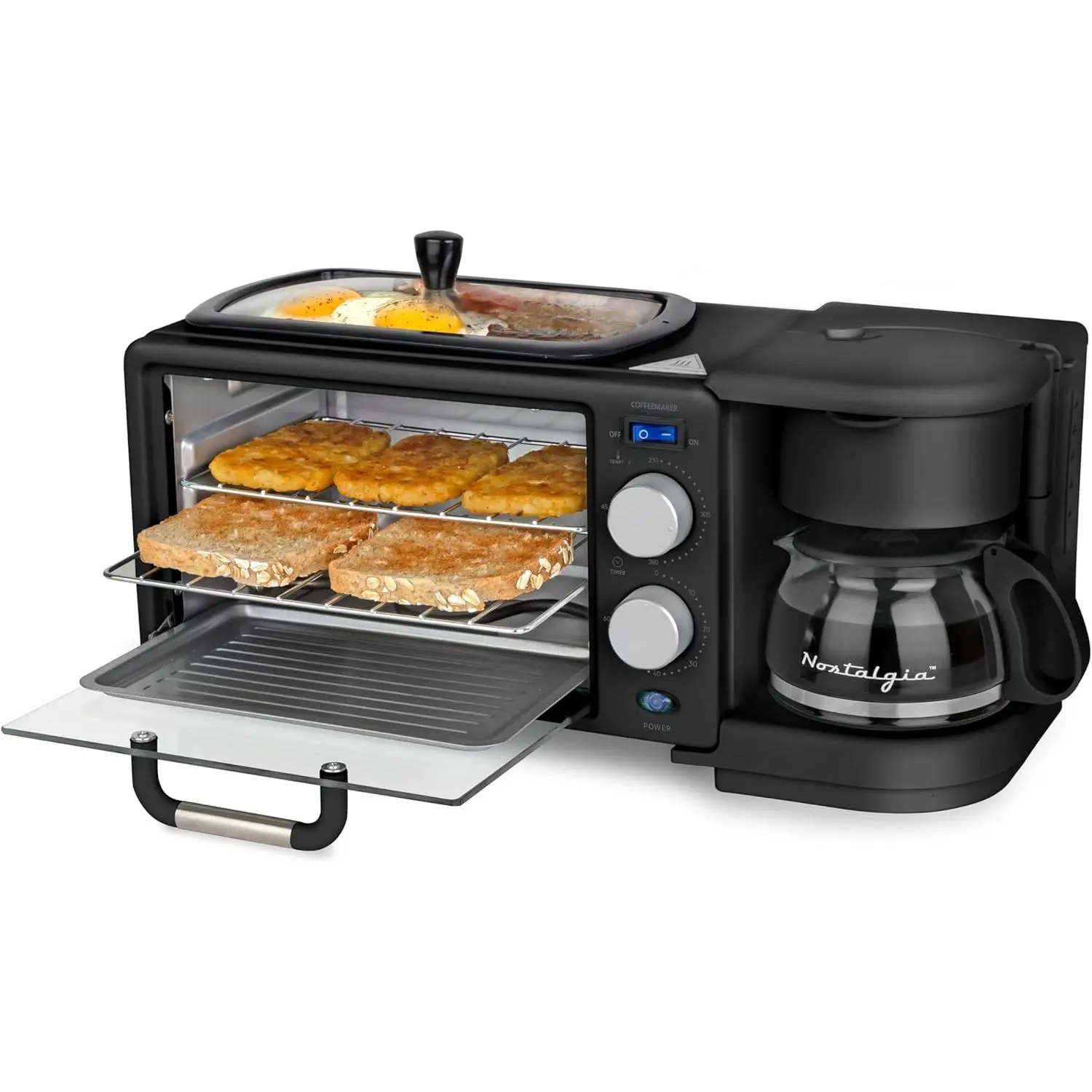 Nostalgia Retro Corded 3-in-1 Breakfast Station - 5x4-oz Coffee Maker, Non-Stick Ceramic Griddle, 4-Slice Compact Countertop Oven, Cool Touch, Glass Lid, Wire Racks - Built-In Timer, Reusable Filter, Space-Saving Black for Tiny Homes, Apartments