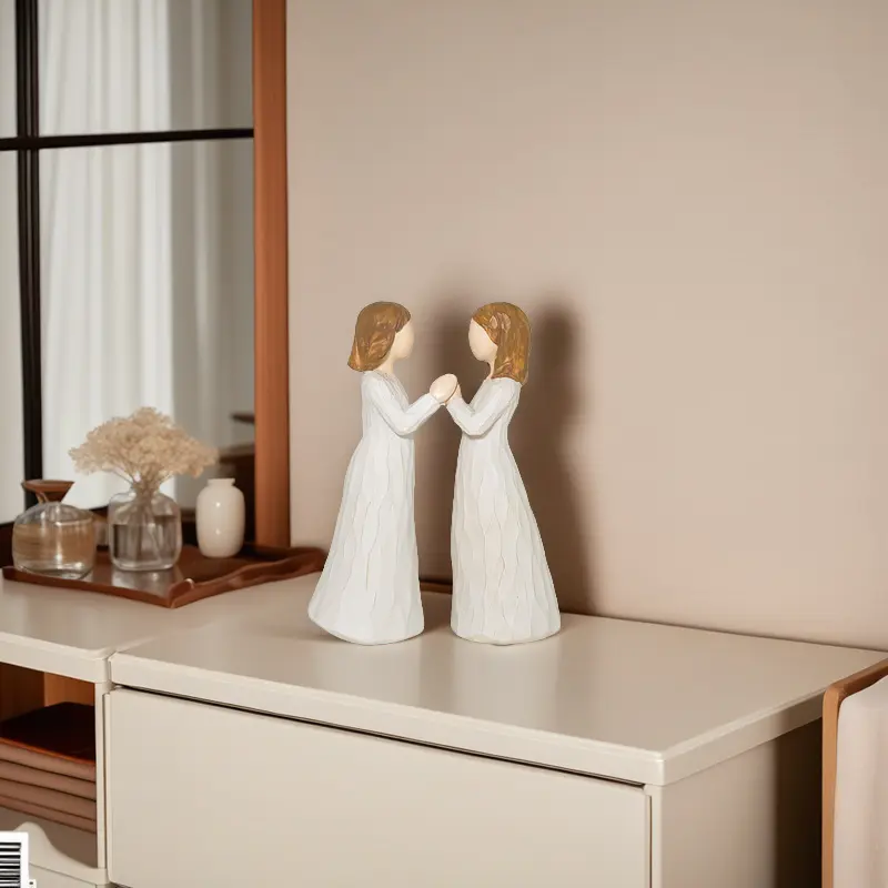 Hand-Painted 4.5" Tall Resin Sisters by Heart Friendship Figurine, Cream Dress 2-Piece Home Decor Ornament, Thoughtful Gift for Treasured Bonds Collectible