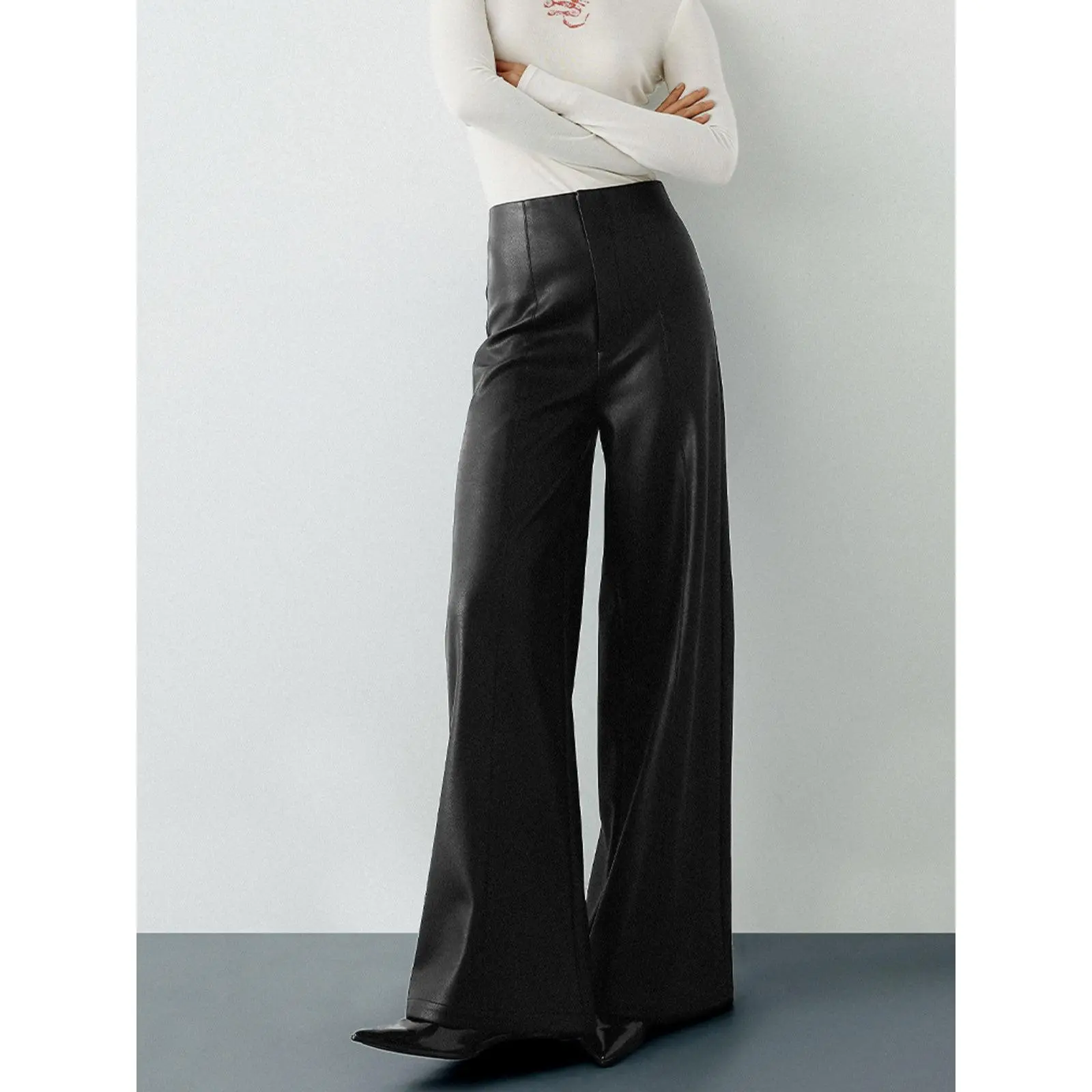 Women's High-Waist PU Leather Wide-Leg Bottoms, Stylish Wide-Leg Trouser for Casual Wear