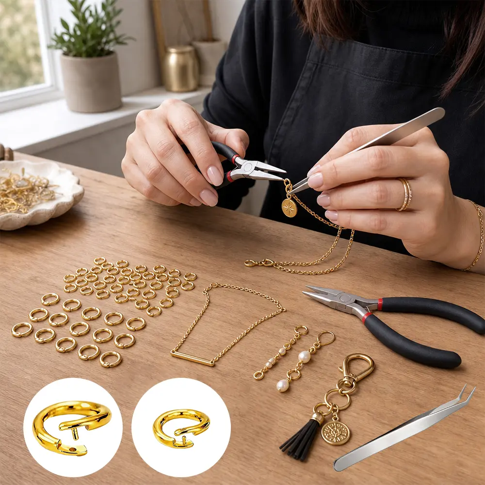 52Pcs Heavy Duty Locking Jump Rings Kit - Mix Sizes 5mm & 7mm Gold Plated Locking Rings, Jewelry Craft Supplies with Pliers & Tweezers for DIY Necklace Bracelet Making (Sports & Outdoor Accessory)