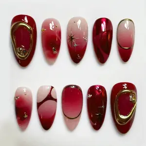 Deep Red Simple French False Nails, Shining Rhinestone, Short Almond Shape for Stylish Manicure, Removable Nail Art Artificial Full Cover, Easy to Apply