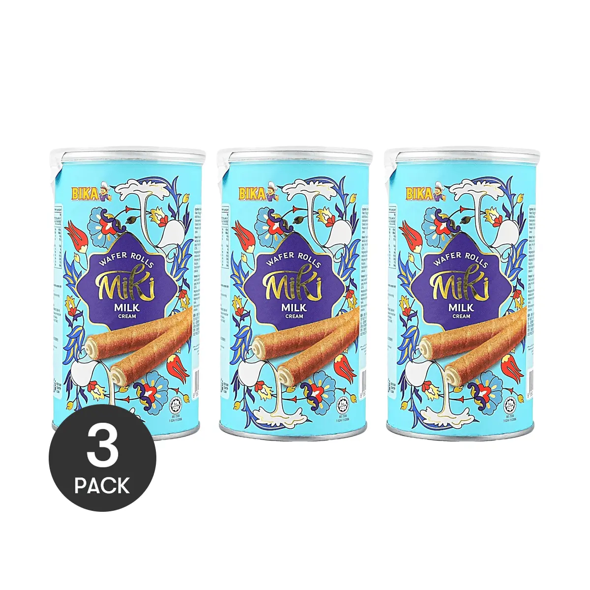 3 Pack BIKA Malaysian Milk Cream Wafer Rolls 3.17 oz Each - Crispy Snack for Tea Time