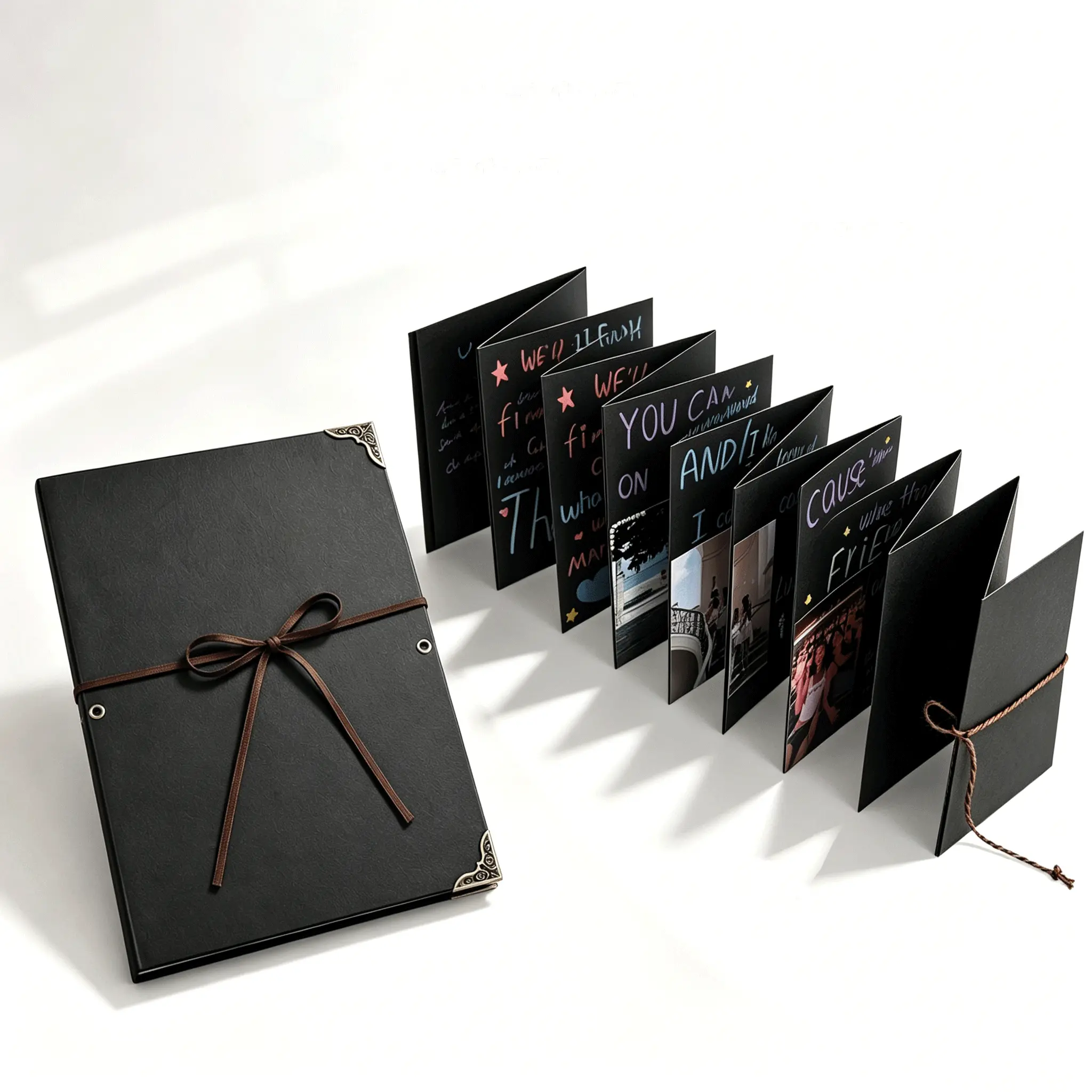 Black Compact Scrapbook Album Kit - Accordion Photo Album with Tie Closure & Writing Space, Easy-to-Carry DIY Couple Storybook for Adults, All-Occasions Home Decor Memory Book for Pictures & Notes