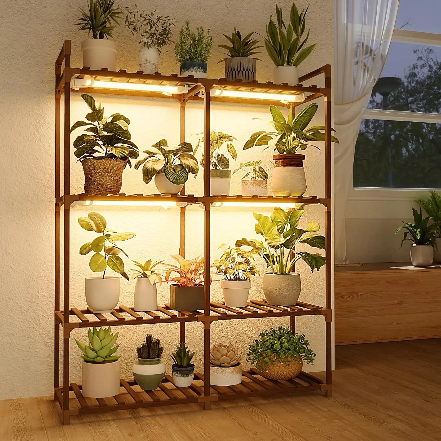 Bamworld 4-Tier Eucalyptus Wood Elevated Vertical Planter Tower with Grow Lights, Planting Stand, Large Compartment Nursery Pots Rack & Shelf for Container Gardening, Space-Saving Multi-Tiered Use (Ideal for DIY Enthusiasts)