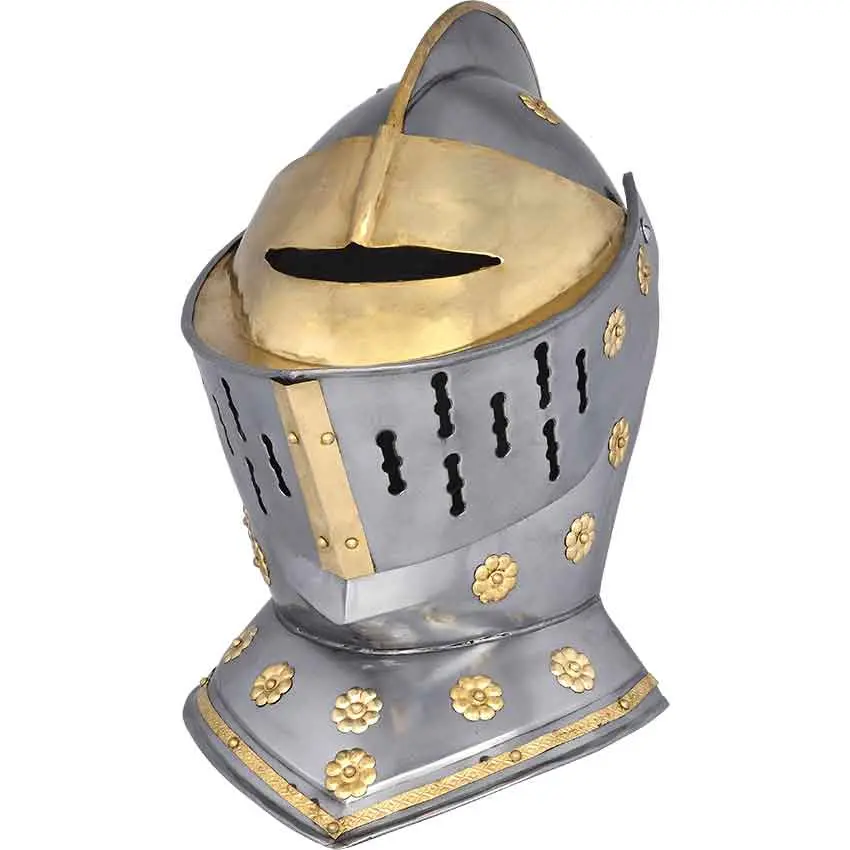 Medieval Warrior Golden Knight Closed Helmet European Armour Forged Carbon Steel Solid Brass 13.75" Height Includes Wooden Display Stand, Handmade, Costumes, European Armor Style, Medieval Knight Costume Accessories