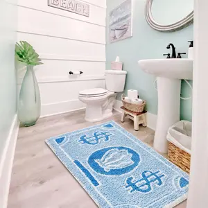 Coastal Beach Bathroom Rugs Non Slip Light Blue Turquoise Cute Bath Mat Washable, Cartoon Money Tufted Rug Boho Funky Aesthetic Cool Small Throw Rugs for Bedroom Kitchen Living Room