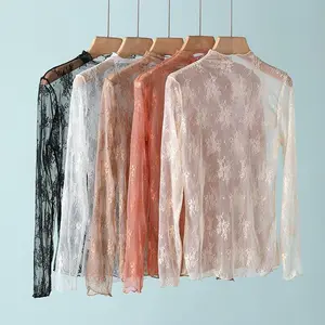 New Women Floral Lace Shirt Spring Autumn Long Sleeve Sexy Mesh Bottoming Shirts Mock Neck Blouse T-Shirt Pullover Top Lace top sexy hollowed out shirt for women's casual wear with long sleeves and mesh base