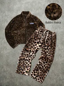 Men's Leopard Velvet Casual Two-Piece Set, Zipper Jacket & Drawstring Pants, Ultra-Soft Warm Fabric, Oversized Comfortable for Winter