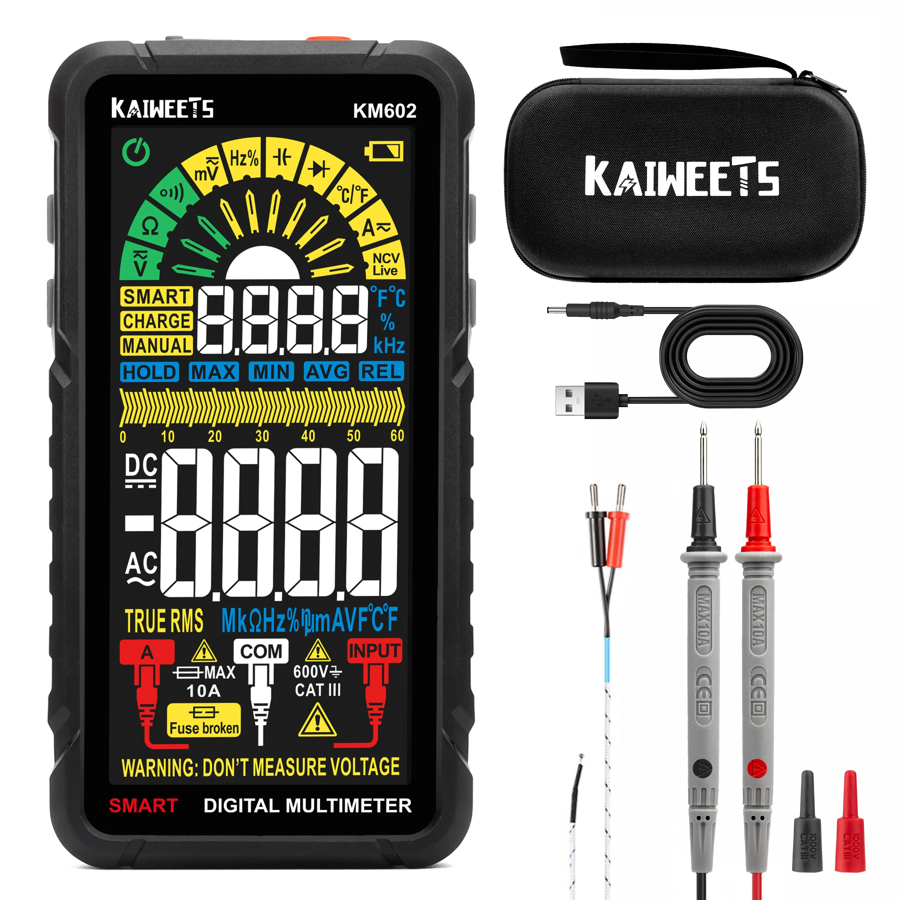 KAIWEETS Smart Digital Multimeter KM602, True RMS 6000 Count Auto Voltage Tester with Rechargeable Full-Screen Display, Professional Electrical Tool for Home DIY & Electricians & Automotive Diagnostic