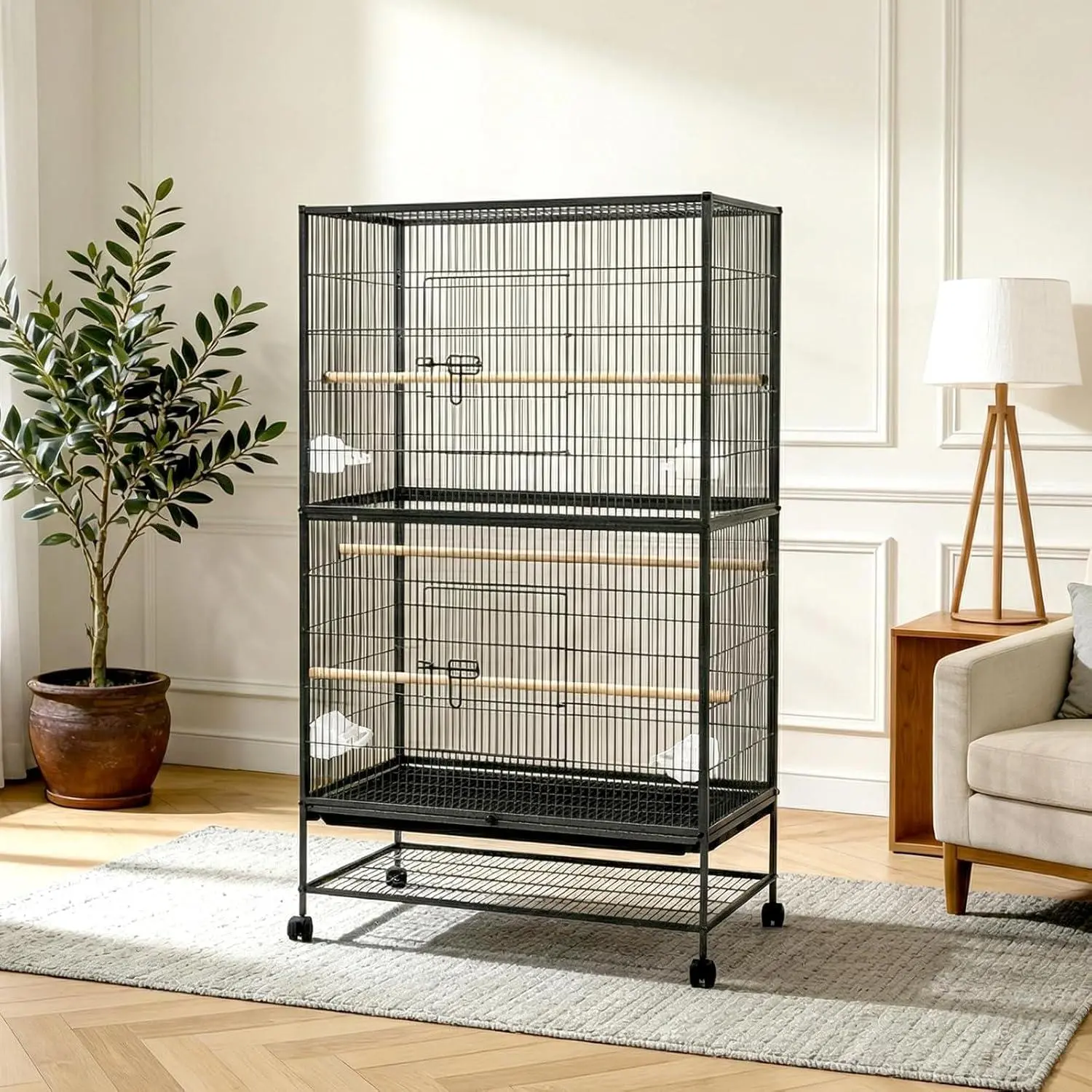 61" Bird Cage with Rolling Stand, Spacious Birdcage with Storage Shelf, Including Tray, 3 Perches and 4 Food Cups, Aviary for Parakeets, Macaws and Cockatoos