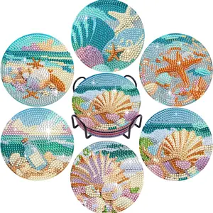 6-Piece DIY Diamond Painting Wooden Coaster Set, Shell Pattern Mosaic Tea Cup Mats, Christmas Anti-Slip Decorations, Holiday Decoration, Diamond Painting Coasters