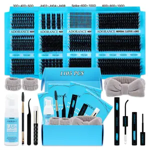1105 pcs Lash Clusters Kit D Curl 12 Styles Lashes Clusters Kit with Bond&Seal Lash Remover Lash Brush Lash Applicator Eyelashes Cluster Tweezers Headband Wristband set and Lash Shampoo & Brush, Perfect for Beginners &Proficient, DlY at Home Easily