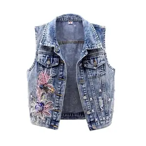 Women’s denim vest jacket — new autumn vintage sleeveless design with bead embroidery and distressed holes; can also be worn as a waistcoat/overcoat