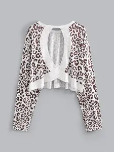 Women's Leopard Print Backless Loose Long Sleeve Casual Everyday T-Shirt Top, Fitted Woven Fabric, All Seasons Wear, Moderate Thickness, Womenswear