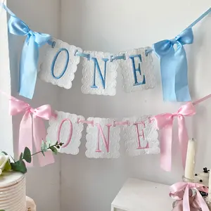 1 Bow ONE Banner for First Birthday – Sweet Bow Decorations, Party Decorations Banners for 1st Birthday Parties, Baby Showers and First Birthday Party Supplies
