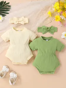 2-piece Soft, Comfortable, Breathable, Sweet And Cute Baby Girl Solid Color Ribbed Jumpsuit And Bow Headband Set