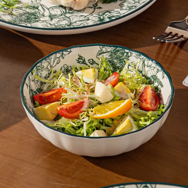 2 pieces of 6.25-inch ceramic Salad Serving Bowls, rose pattern, green, Ceramic Food Bowl, dessert bowl, cereal bowl, suitable for holding snacks and nuts, lead-free underglaze, microwave-safe, dishwasher-friendly, Tableware, Cereal Bowls Set