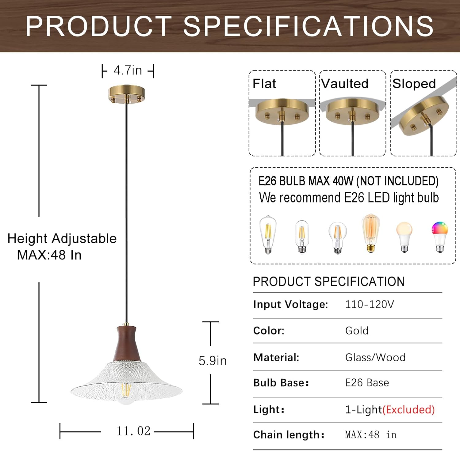 Vintage Kitchen Island Pendant Light Fixtures, Clear Wood & Glass Pendant Lighting, Modern Farmhouse Hanging Light with E26 Base (Crystal+Wood, 1 Pack)